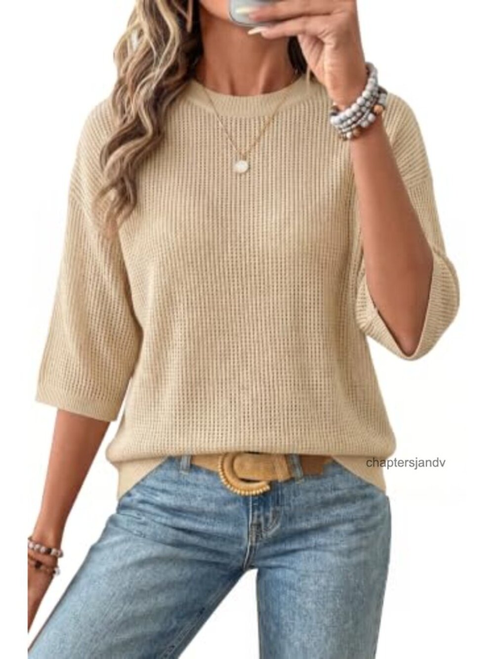 Cotton Crochet Oversized Pullover 3/4 Sleeve Sweater